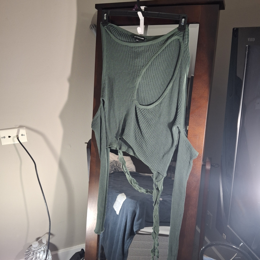 PrettyLittleThing Olive Green Ribbed Knit Deconstructed Top